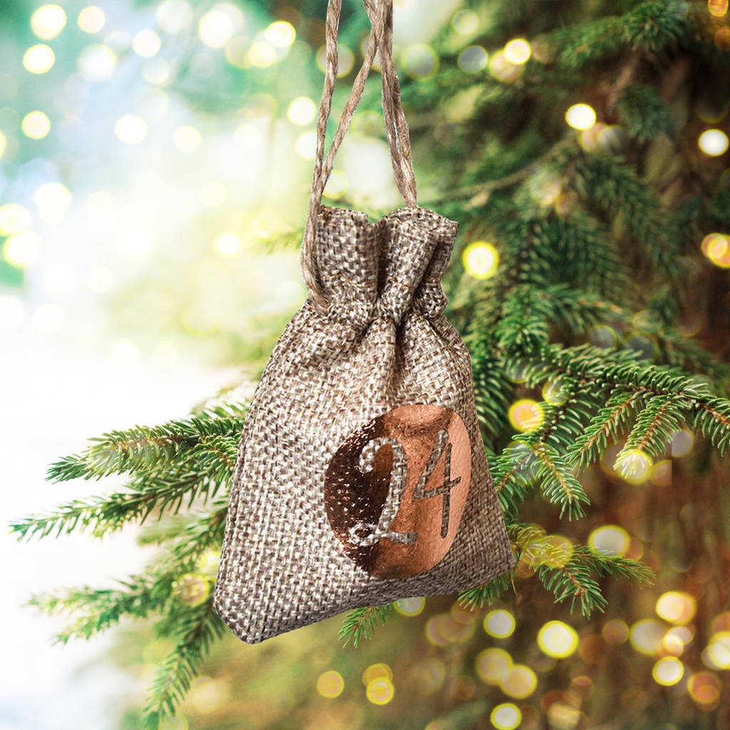 Pushka Home Christmas Advent Calendar Tree Hanging Hessian Sacks Copper 