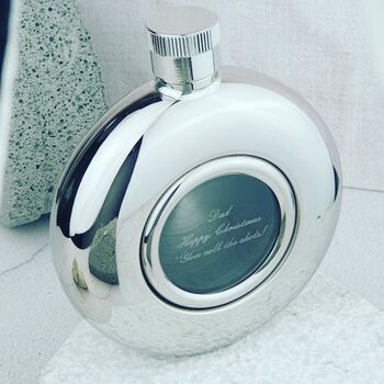 Engraved Glass Personalised Round Window Hip Flask, 3 of 7