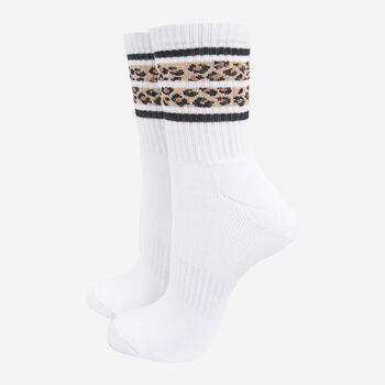 Leopard Print Striped Sporty Ribbed Cotton Ankle Socks Women's White, 3 of 3
