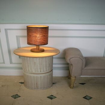 Tall Dark Walnut Table Lamp With A Wooden Light Shade, 3 of 11