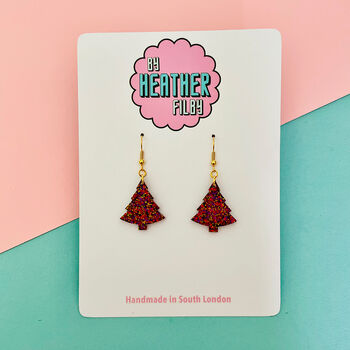 Red Wine / Hot Pink And Gold Glitter Christmas Tree Earrings Small And Large, 8 of 9