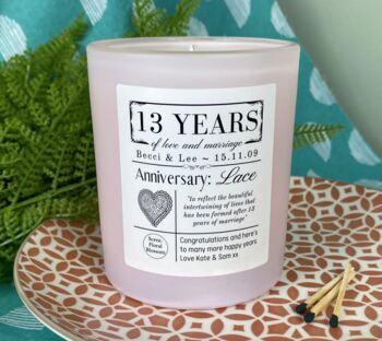 Personalised 13th Lace Anniversary Meaning Candle, 2 of 9