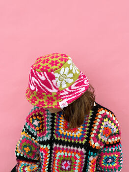 Knitted Patchwork Pink And Green Bucket Hat, 5 of 12