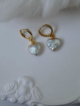 Irregular Baroque Pearl 16k Gold Plated Heart Drop Earrings, 2 of 7