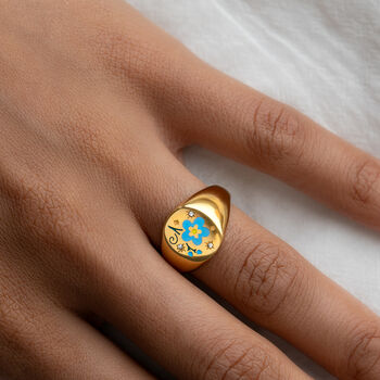 Blue Flower Gold Signet Open Ring Non Tarnish, 2 of 5