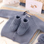 Luxury Cotton Dark Blue Baby Cardigan And Booties Set, thumbnail 1 of 12