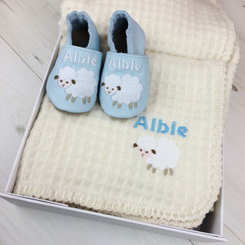 Personalised Lambswool Shawl And Baby Shoe Gift Set, 2 of 9