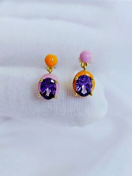 Amethyst Stud Drop Enamel Irregular Earrings, 5 of 8