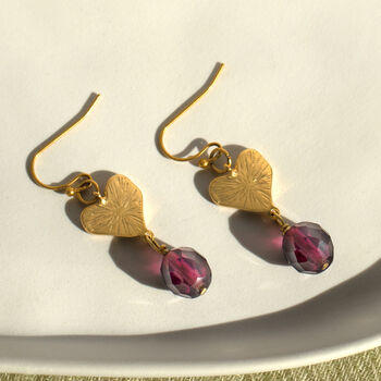 Gold Heart And Purple Bead Drop Earrings, 2 of 3