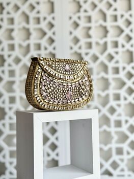 Shiraz Mini Kundan Pink And Gold Clutch, 6 of 9