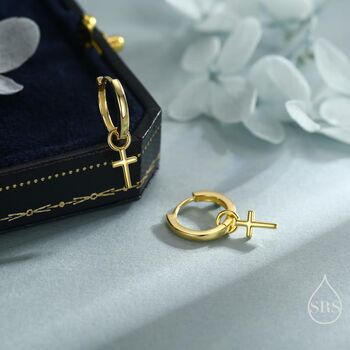 Sterling Silver Cross Hoop Earrings, 7 of 12