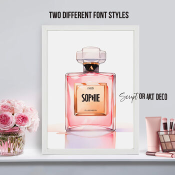 Personalised Wall Art Perfume Print For Pink Girls Room Decor Or Make Up Station Wall Art, 3 of 6