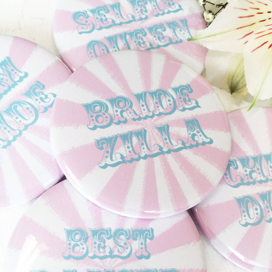 pink circus stripe funny caption hen party badges by peardrop avenue