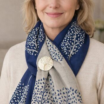 Navy Mulberry Tree Of Life Scarf And Magnetic Brooch, 2 of 6