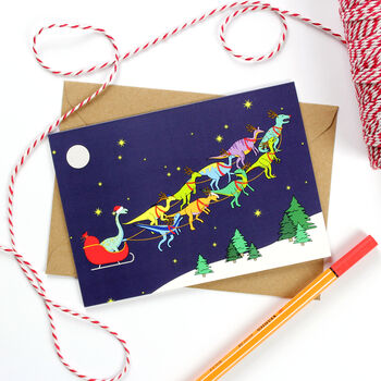 Santa's Sleigh Dinosaurs Christmas Card, 2 of 2