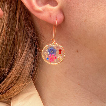 Pressed Blue Flowers Drop Earrings Silver Or Gold, 6 of 10