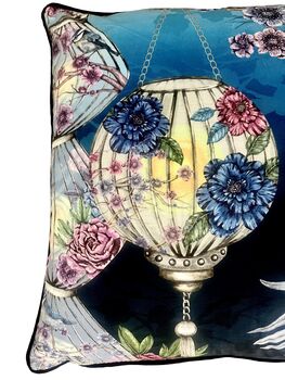 Kakuru Lanterns Japanese Lanterns With Crane Birds And Blossom Velvet Square Cushion, 4 of 10