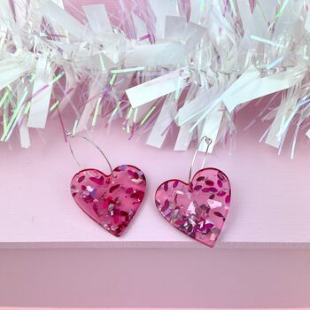 Pink Acrylic Shimmer Fleck Heart Hoops, 2 of 3