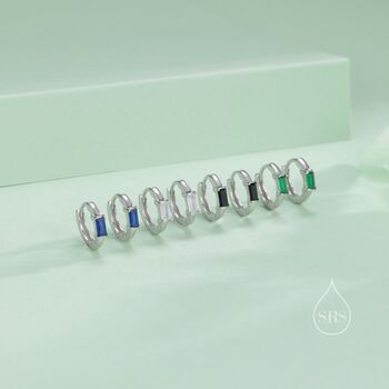 Sterling Silver Sapphire Blue Single Baguette Cut Cz Huggie Hoop, 8 of 12