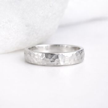 Personalised Flat Sterling Silver Hammered Wedding Ring Band – 5mm, 2 of 10