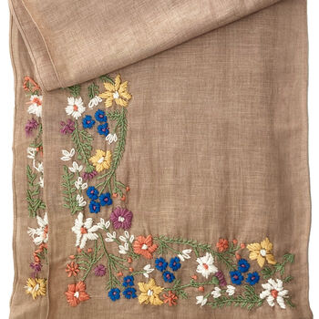 Hand Embroidered 100% Linen Scarf In Soft Brown Floral, 5 of 5