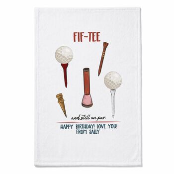 Personalised Fif Tee Tea Towel 50th Birthday Gift For Golfers, 4 of 8