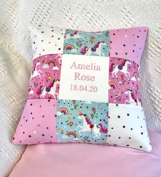 Pink Unicorn Name And Date Cushion, 3 of 5
