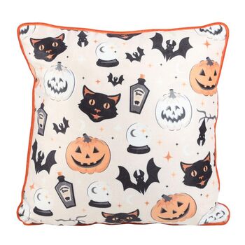 35cm Square Spooky Cat And Pumpkin Print Cushion, 3 of 4