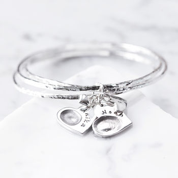 Silver Hammered Bangles With Fingerprint Heart Charm, 5 of 9
