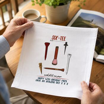 60th Birthday Golf Handkerchief Pair– Personalised “Six Tee And Still On Par” Gift, 2 of 6