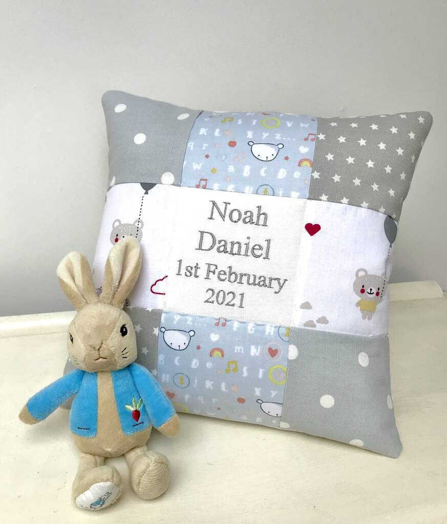 Baby Bear Patchwork Name Cushion, 1 of 5