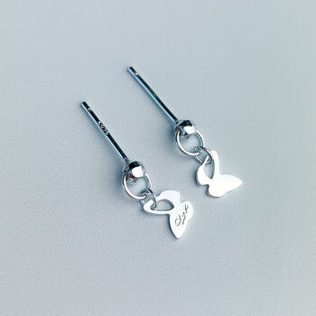 Sterling Silver Love Engraved Butterfly Drop Stud Earrings, 2 of 4