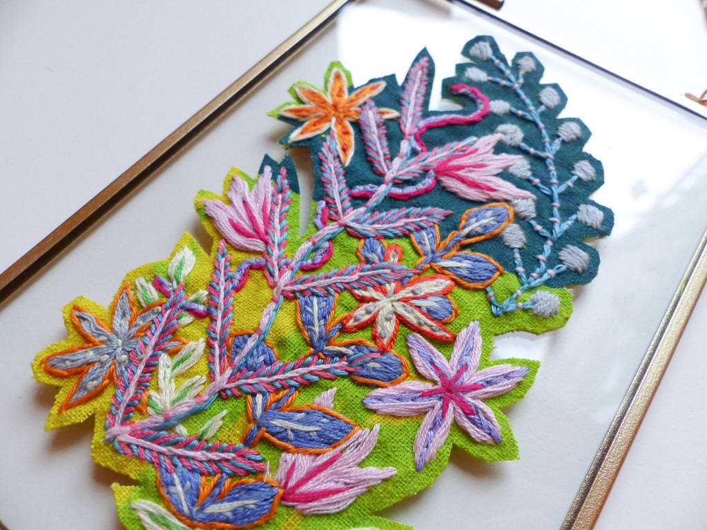 vibrant tropical leaves framed embroidery art by lucy freeman design ...