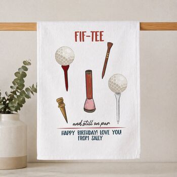 Personalised Fif Tee Tea Towel 50th Birthday Gift For Golfers, 2 of 8