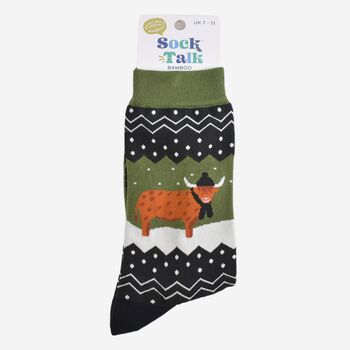 Men's Bamboo Socks Winter Highland Cow Green, 2 of 5