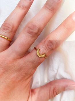 Gold Plated Engraved Stackable Selene Moon Ring, 2 of 6