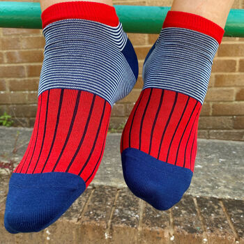 Oxford Stripe Scarlet And Classic Red Men's Trainer Socks, 3 of 11