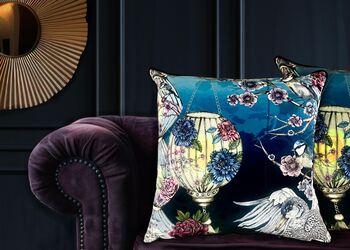 Kakuru Lanterns Japanese Lanterns With Crane Birds And Blossom Velvet Square Cushion, 2 of 10