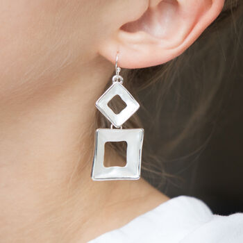 Silver Colour Geometric Square Hoop Drop Earrings, 2 of 3