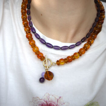 Amber And Purple Bead Necklace With Charms Set Of Two, 2 of 4