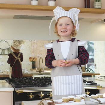 Personalised Grey Deer Child Chef Apron And Hat Set, 2 of 5