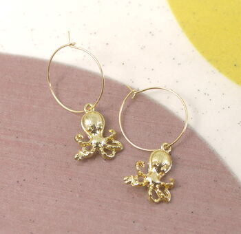 Gold Plated Hoop Earrings With Octopus Charms, 2 of 2