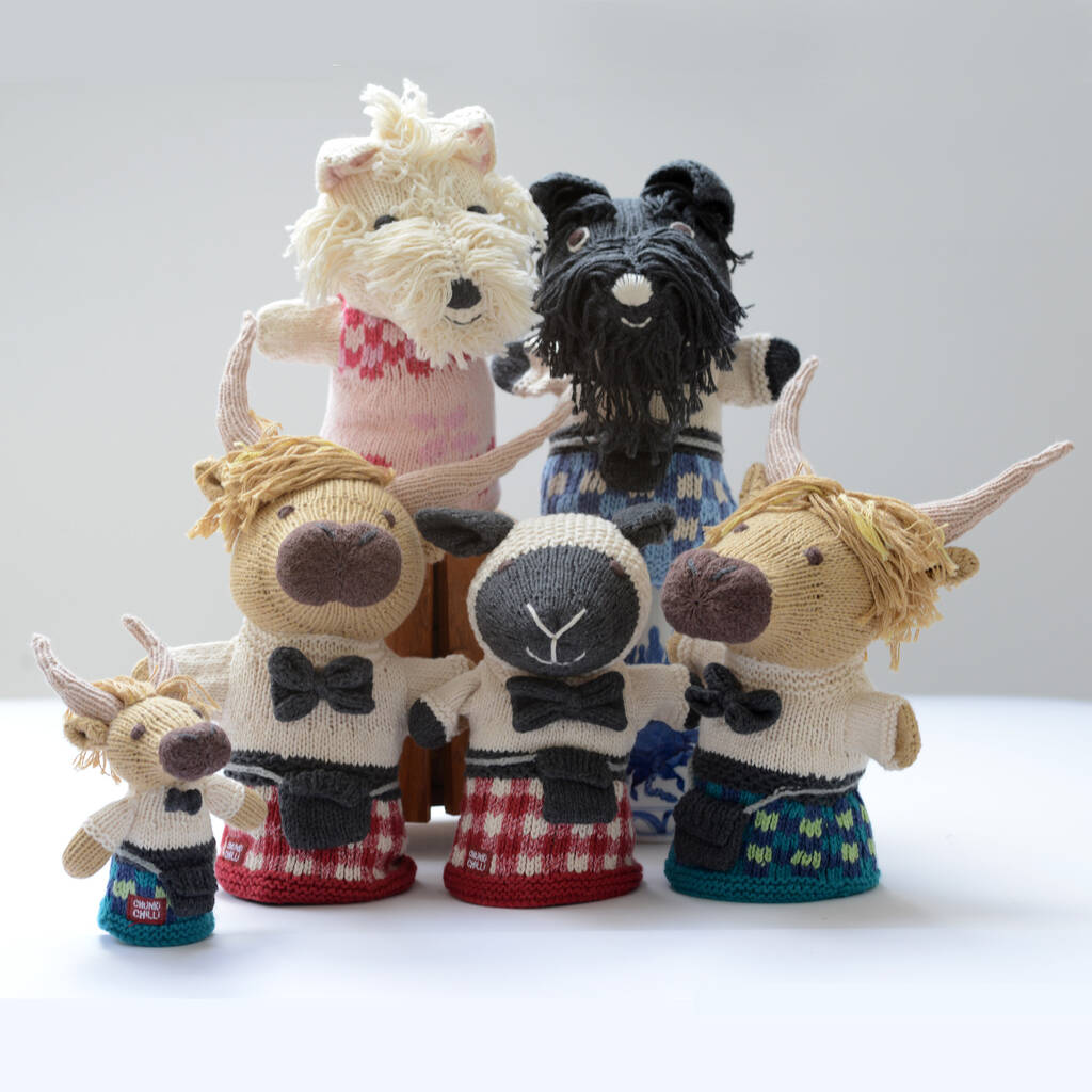 Hand Knitted Puppets In Scottish Outfits, 1 of 9