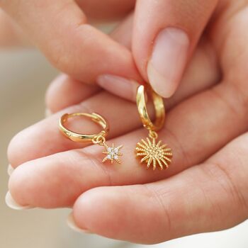 Sunburst Star Charm Hoop Earrings In Gold Plating, 3 of 8