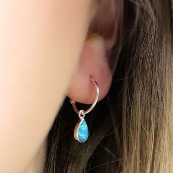 Sterling Silver Teardrop Blue Opal Hoop Earrings, 6 of 10