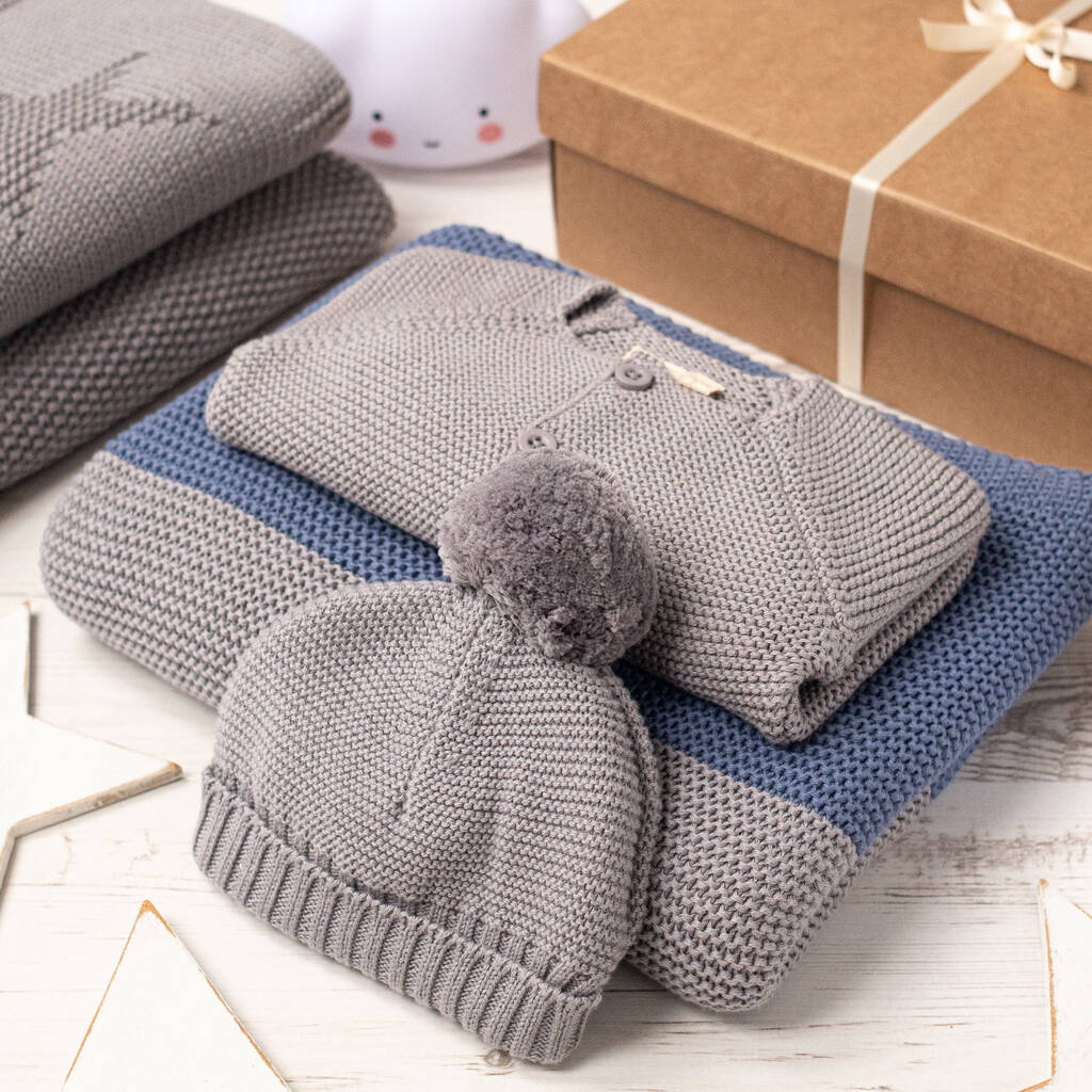Luxury Baby Boys Grey And Storm Blue Knitted Gift Box, 1 of 9