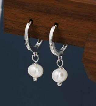 Dangle Pearl Huggie Hoops Earrings In Sterling Silver, 8 of 11