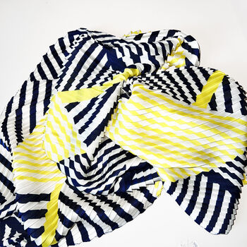 Navy And Yellow Contrasts Pleated Square Silky Scarf, 2 of 8