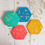 Colourful Gold Leaf Jesmonite Hexagon Coaster Set, thumbnail 1 of 5