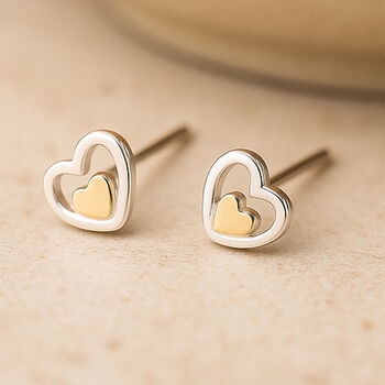 Sterling Silver Double Heart Stud Earrings, 2 of 9